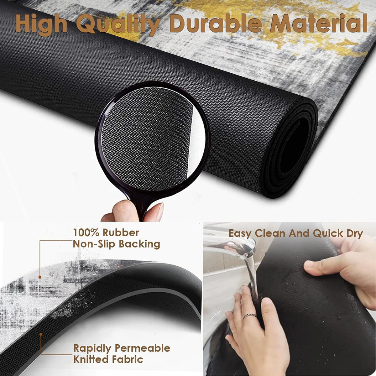 Arttown Coffee Mat for Countertops, 2 Pcs, 12" x 19" Abstract Minimalism | Golden Black Grey Dish Drying Mats Rubber Backed, Kitchen Bar Accessories for Espresso Machine Rack Hide Stain