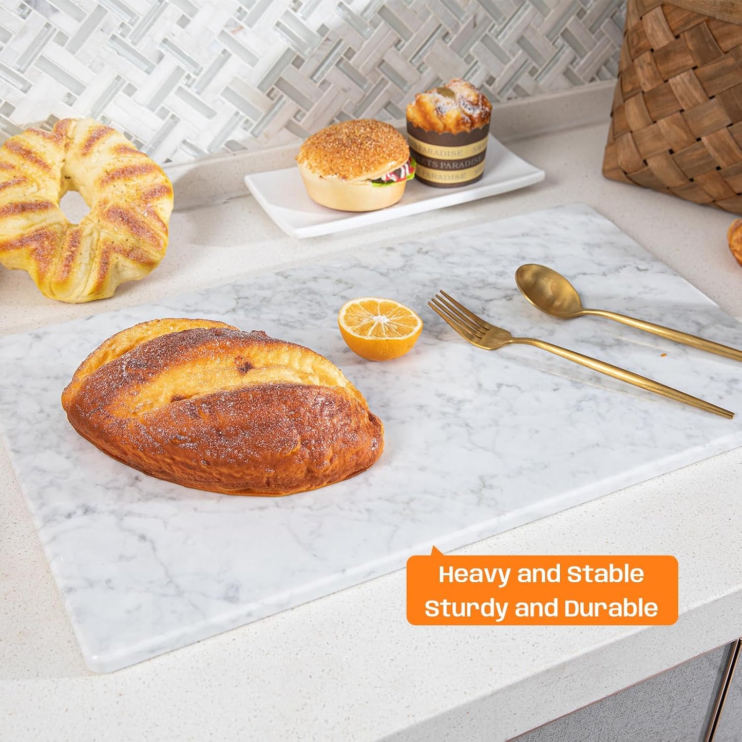 Carrara White Marble Cutting Board, 12×20 Inch Marble Pastry Board | ﻿Natural Marble Slab, Non-slip Feet, Stay Cool for Dough/Butter, Ideal for Pastry, Cheese, Charcuterie, Pizza, Bread