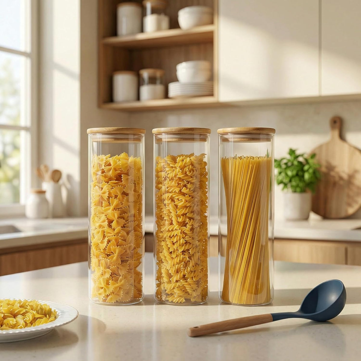 79oz Tall Glass Pasta Storage Containers with Airtight Bamboo Lids, 3 Pack