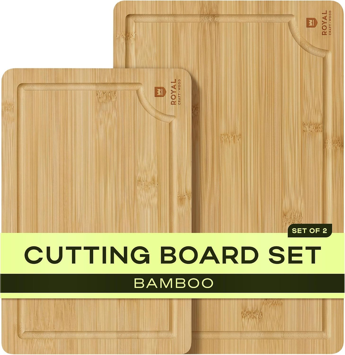 ROYAL CRAFT WOOD Wooden Cutting Boards for Kitchen Meal Prep &amp; Serving - Bamboo Wood Serving Board Set with Deep Juice Groove Side Handles - Charcuterie &amp; Chopping Butcher Block for Meat