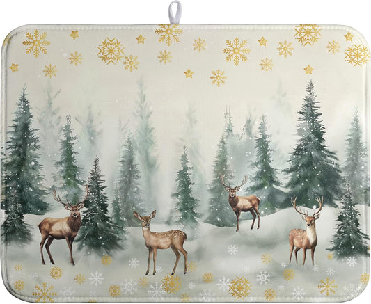 Winter Deer Snowflakes Dish Drying Mat Christmas Snow Forest Large Kitchen Mats Dish Drying Pad Absorbent Dish Dryer Mat for