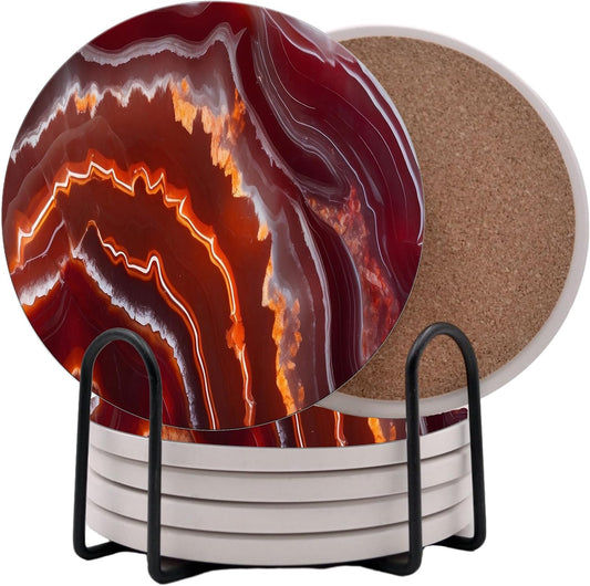 Red Agate Marble Round Coasters Set of 6 - Abosrbent Ceramic Coasters with Metal Stand for Drinks