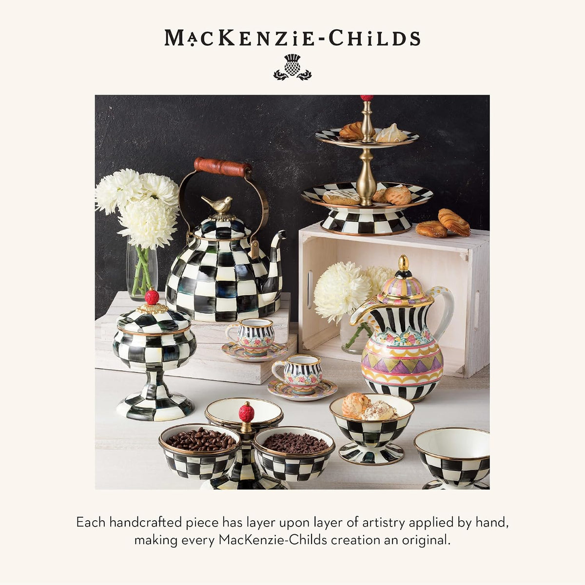 MACKENZIE-CHILDS Enamel Pie Plate, Black-and-White Courtly Check | Hand-painted design, made from enameled steel, ovenproof pie pan for cooking, 9.5" dia. x 1.5" deep, 4-cup capacity