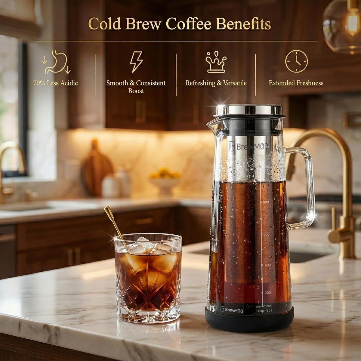 BrewMOO- Airtight Cold Brew Coffee Maker Pitcher, 1.4L/48Oz Thick Glass Carafe with Filter, Comfort Sturdy Handle &amp; Wide Spout, Non-Slip Base | Iced Tea Maker (Black)