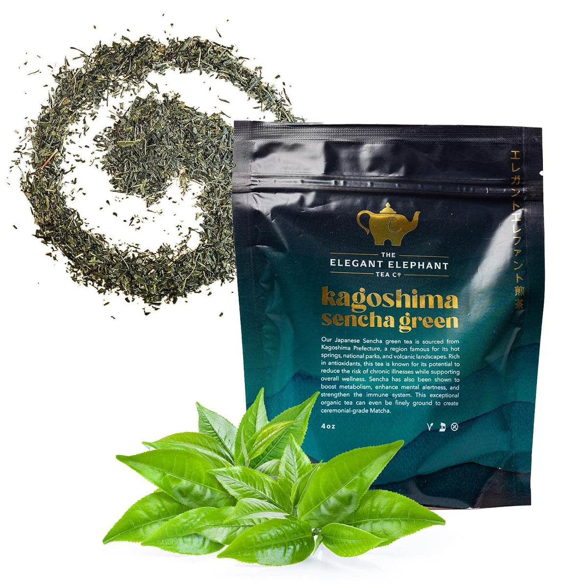 Japanese Sencha Green Tea, Organic Loose Leaf Sencha Tea – Antioxidant &amp; Detox Support – Refreshing Hot or Iced Green Tea – 4 oz Resealable Bag (Makes 50 Cups) – The Elegant Elephant