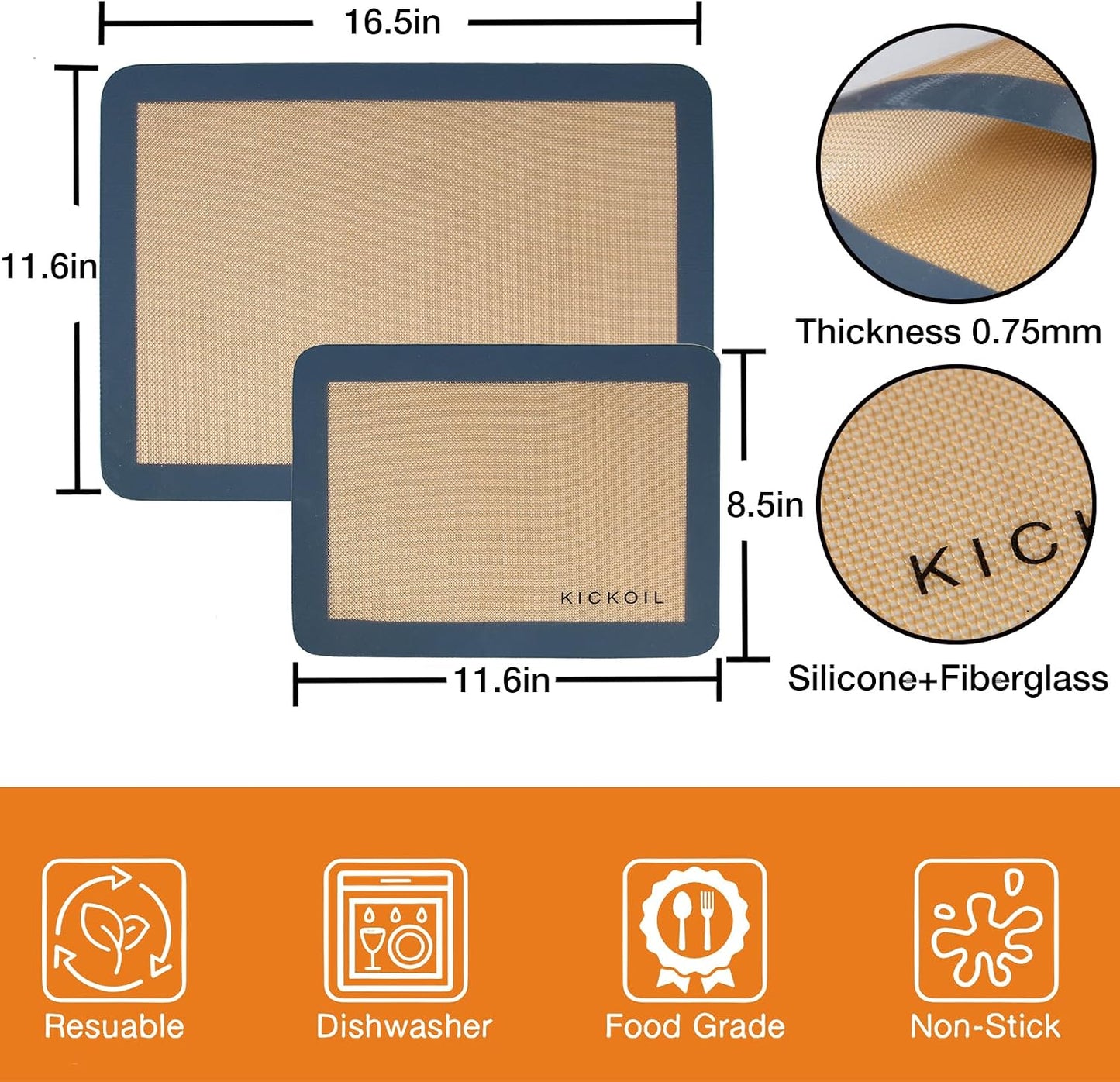 Silicone Baking Mats Set of 3, Non-Stick Reusable BPA-Free Oven Liners | Non Slip Silicone Baking Sheet for Cookies, Macarons, Bread and Pastry, 16.5'' x 11.6''(2 Half) &amp; 11.6' x 8,5''(1 Quarter)