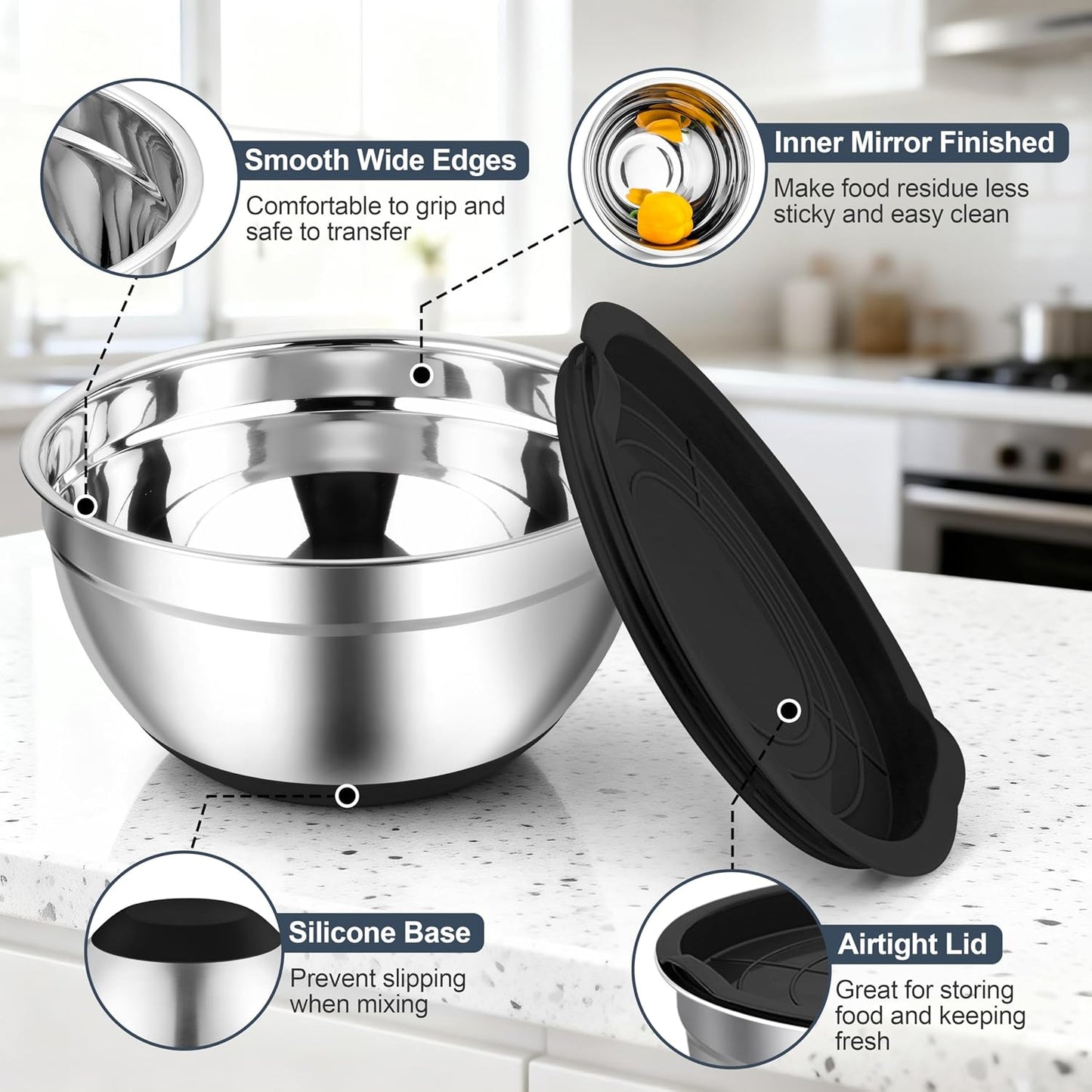 TeamFar Mixing Bowls, Stainless Steel Salad Bowls with Lids - Black | Nesting Bowls with Non-slip Bottom, for Kitchen Baking Preparing Serving, Stackable &amp; 6PCS - 4.6 /2.6 /2 / 1.5 /1 / 0.7 Qt