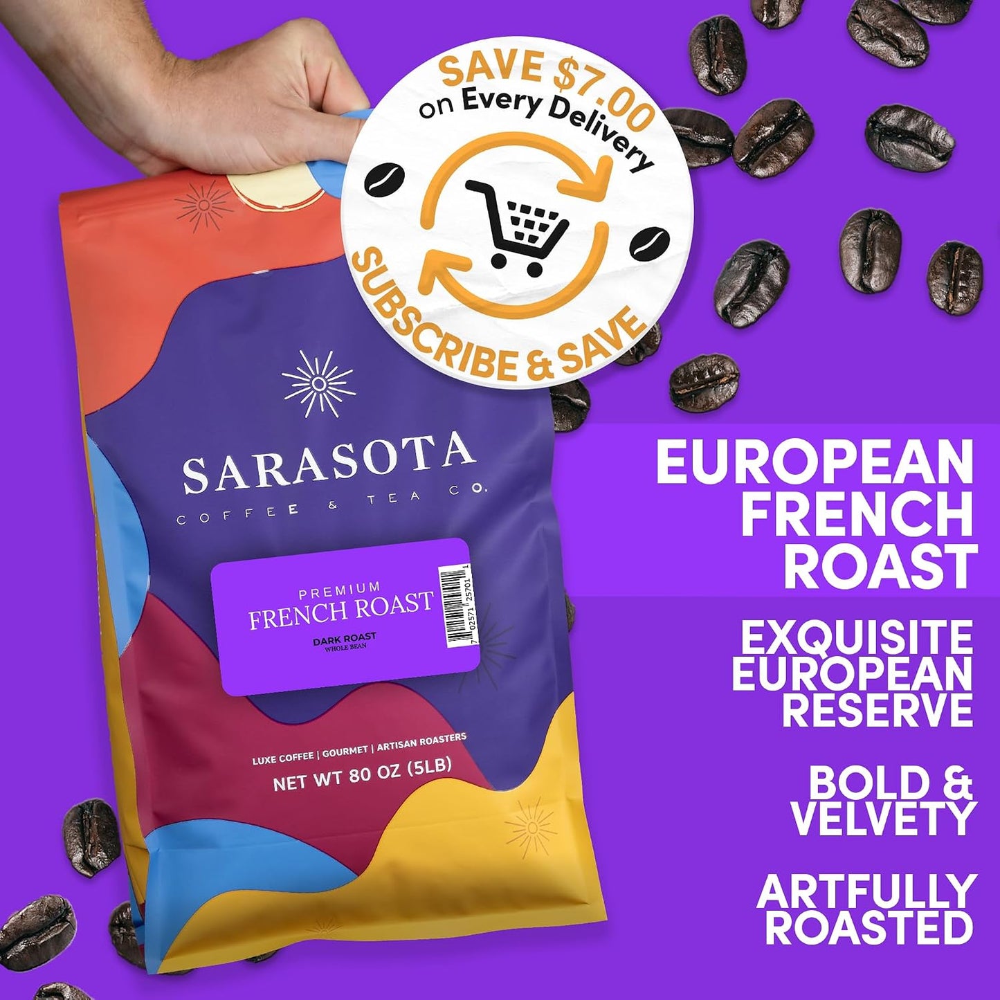 Sarasota Coffee Italian Dark Roast Whole Bean Coffee, Extra Strong, 5 lb | Extra Strong Dark Roast Coffee Beans for Espresso, Drip &amp; French Press – Rich Full-Bodied Flavor – 5 lb Bulk Bag