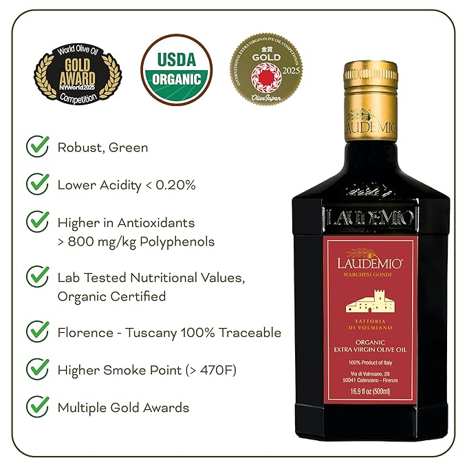 Laudemio Volmiano – Organic Tuscan Extra Virgin Olive Oil, 800+ mg/kg High-Polyphenol Italian EVOO, 2025 NYIOOC Gold Award, Early Harvest, Cold Extracted, Lab Tested, Pesticide-Free, Premium Gift Box