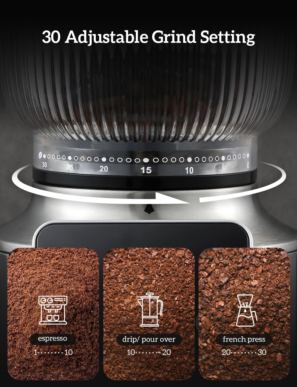 Neretva Stainless Steel Espresso Grinder with Portafilter Holder, Silver | 2 IN 1 Use Espresso Burr Grinder with 30 Grind Settings Anti-Static Coffee Grinder for Espresso/French Press/Drip/Siphon