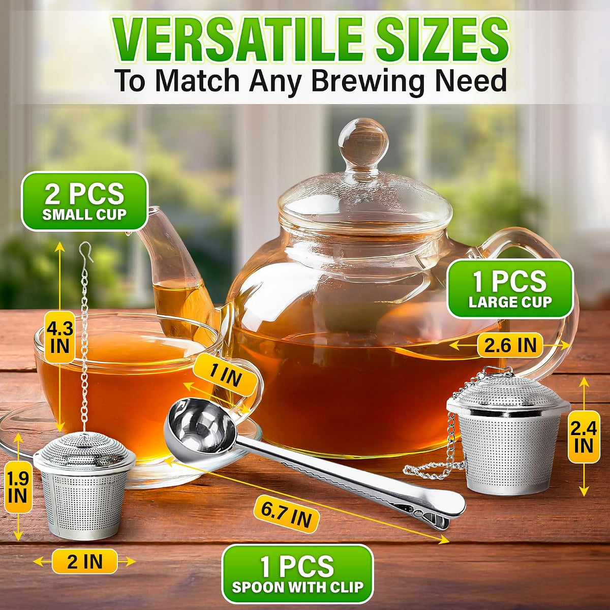 Tea Infuser Set of 3 (1 Large, 2 Small) with Scoop, Stainless Steel | Loose Leaf Tea Steeper; Extra Fine Mesh Holes, Extended Chain, Sleek &amp; Shiny Surface; Reusable; for Herbs, Spices &amp; Cooking