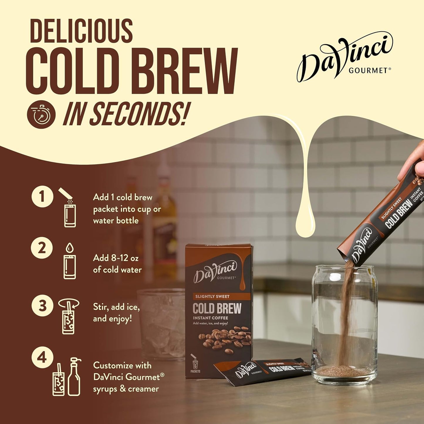 DaVinci Gourmet Vanilla Cold Brew Stick Pack, Instant Coffee Powder, 6 Count (Pack of 1)