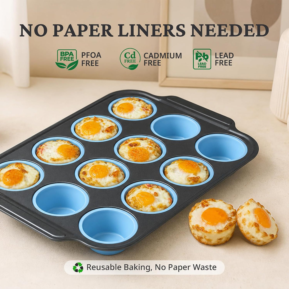 BRONYPRO Silicone Muffin Pans for Baking with Metal Frame, Egg Bite Molds, 12-Cup Regular Size Cupcake Pan, Easy-Release Nonstick Food-Grade Silicone, Cleaning Brush Included, Oven Safe, Blue