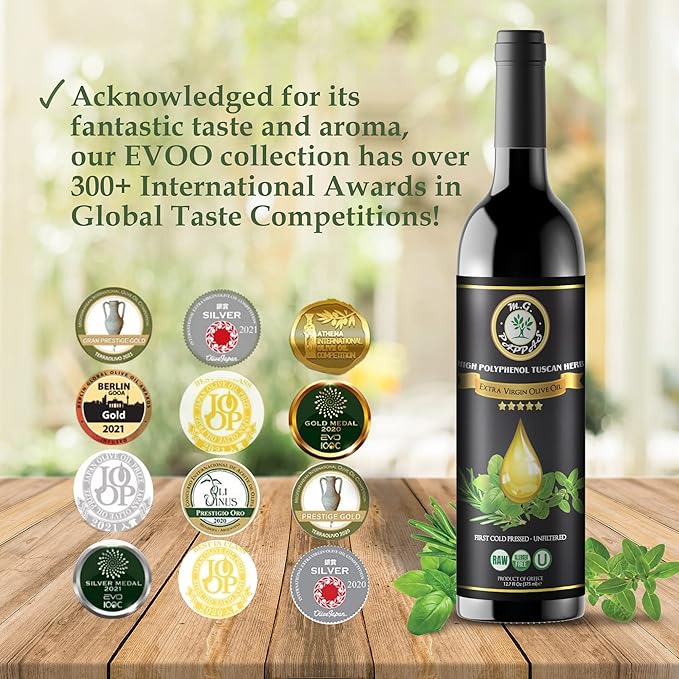 M.G. PAPPAS High Polyphenol Tuscan Herb Infused Olive Oil Extra Virgin - Over 500mg/kg - Unfiltered First Cold Pressed Greek EVOO - Award Winning - Salads Dipping Cooking Baking