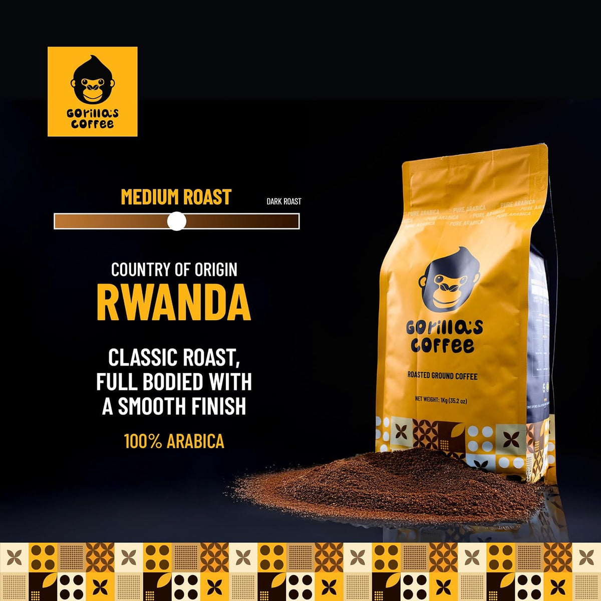 Gorilla's Coffee 100% Arabica - Medium Roast Ground Coffee, Fair Trade, Smooth, Balanced, Aromatic, Spice &amp; Luscious Fruit Notes | Premium Rwandan Coffee | Rich, Flavorful, and Aromatic (500g/17.6oz)