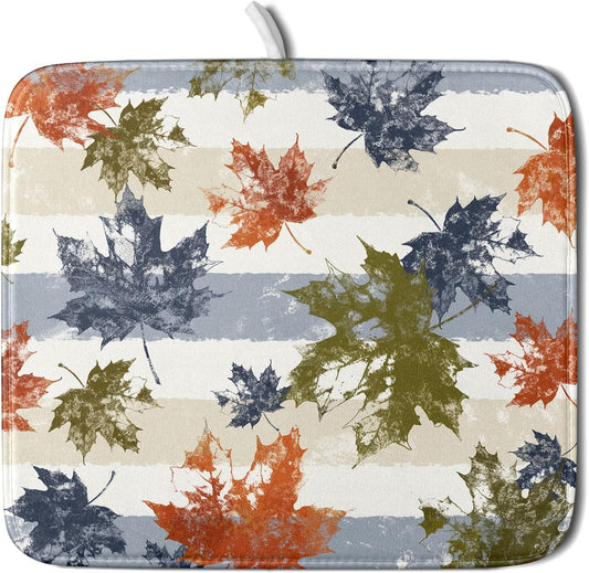 Autumn Colorful Maple Leaves Dish Drying Mat for Kitchen Counter,Blue and White Stripe Drying Mat 16 x 18 Inch with