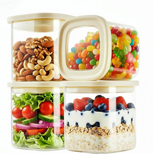 4pcs 25oz Square Pantry Glass Jars with Clear Airtight Lids Kitchen Canisters Sets for Flour, Sugar Refrigerator Safe, Patent Approved