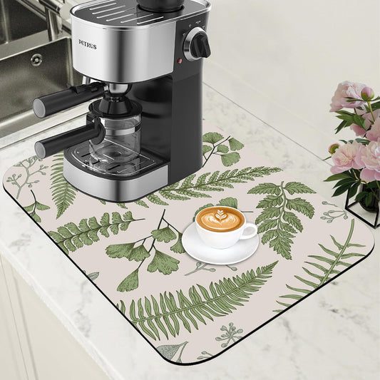 Leaves and Herbs Dish Drying Mat for Kitchen Counter Bar Mat Hide Stain Absorbent Rubber Backed Coffee Maker Espresso