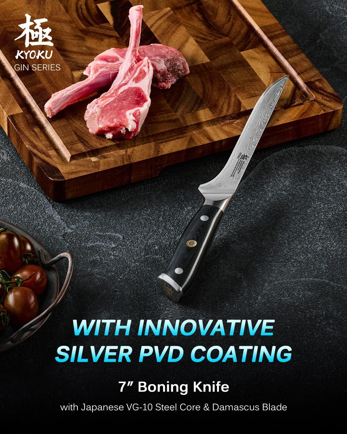 KYOKU Gin Series Boning Knife, 7" Butcher Knife, Japanese VG10 Damascus Stainless Steel Kitchen Knife with Silver Ion Blade G10 Handle Mosaic Pin, Multipurpose Fillet Knife for Meat Fish &amp; More