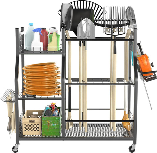 TORACK Garden Tool Organizer with Wheels, Rakes Shovels Yard Tools Stand for Garage, Shed, Garden, Indoor/Outdoor