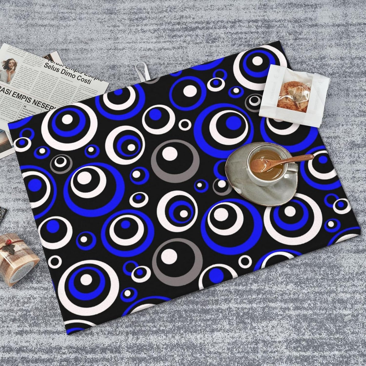 Blue Black White Geometric Circle Dish Drying Mat for Kitchen Counter, 18" x 24" Absorbent Microfiber Drying Pad for Dishes, Modern Decor Kitchen Mat, Foldable, for Sink Dining Area Small Appliances