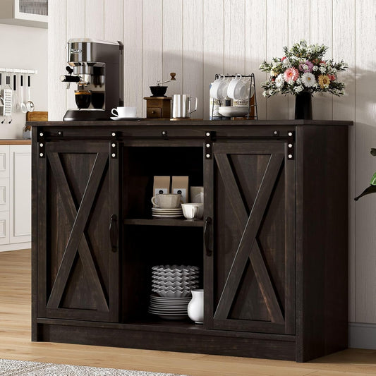 4 EVER WINNER Coffee Bar Cabinet with Sliding Barn Doors, 42” Sideboard Buffet Cabinet with Storage, Farmhouse Coffee Bar