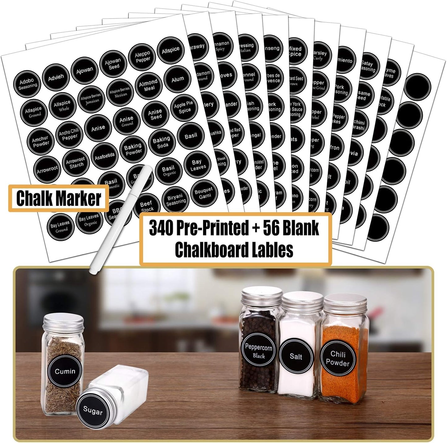 SWOMMOLY 25 Pcs 4 oz Glass Spice Jars with 703 Spice Labels and Shaker Lids