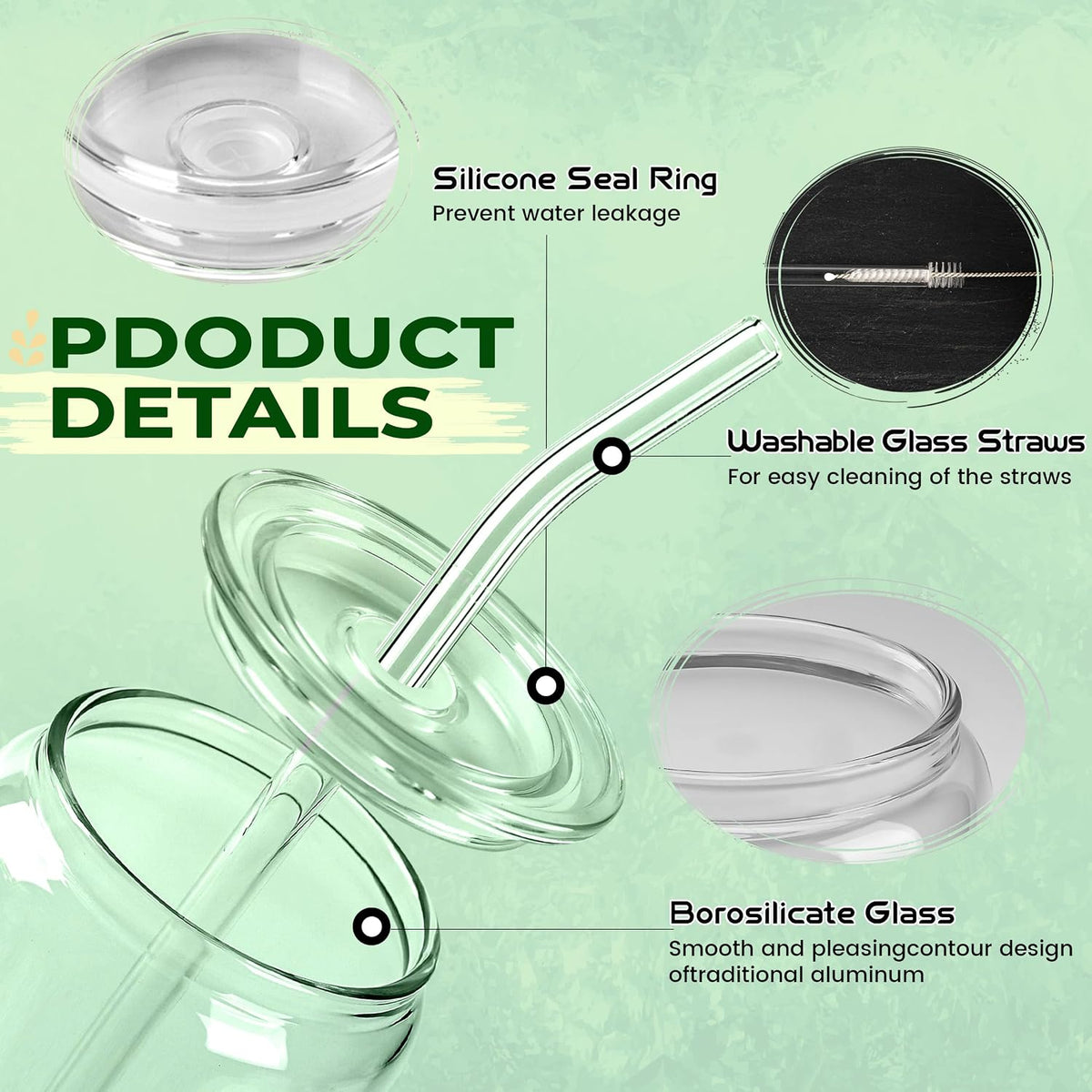 Joyclub 2pcs Glass Cups with Acrylic Lids and Straws 20 oz Drinking Glasses | Can-shaped glasses cute glass tumbler include 2 cleaning brushes, reusable iced coffee cup for party favors cafe shop gifting