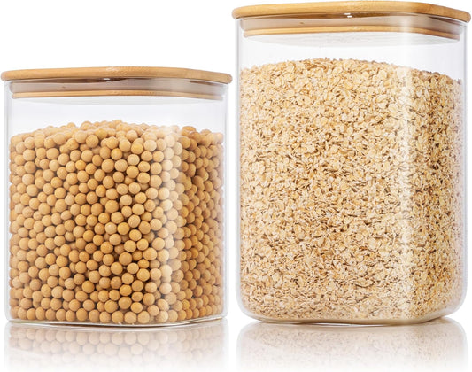 Extra Large Square Glass Flour & Sugar Storage Containers with Airtight Lids, 132 floz & 63 floz - 2 Pack Glass Jars with