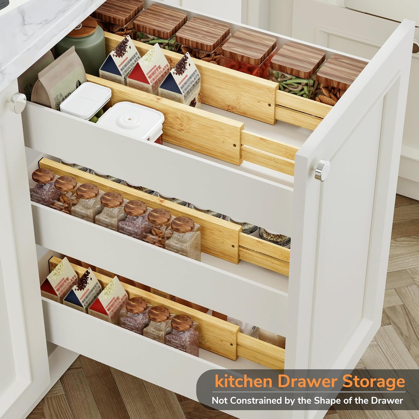 BAMEOS Bamboo Expandable Drawer Dividers – Fits 16.65"–22" Drawers, 3" Deep Walls, Set of 4 | Taller Spring-Loaded Separator Keeps Items Upright in Kitchen &amp; Dresser Drawers