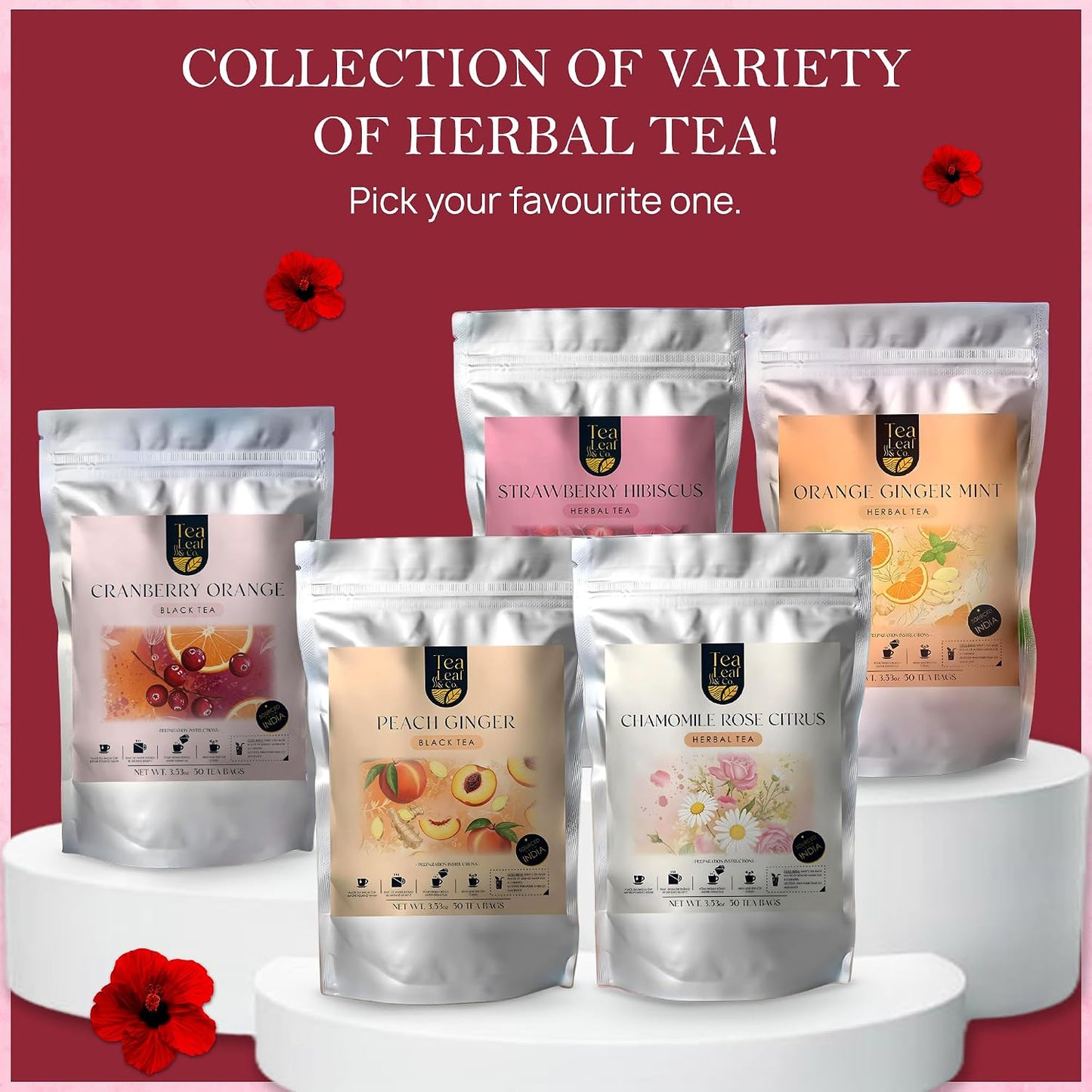 Hibiscus Herbal Tea (100 gm/3.5 oz), Natural Herbal Infusion, 50 Tea Bags