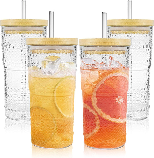 4 Pack 20oz Hobnail Drinking Glasses with Bamboo Lids and Glass Straw,High Borosilicate Glass Tumbler Cup Reusable Wide