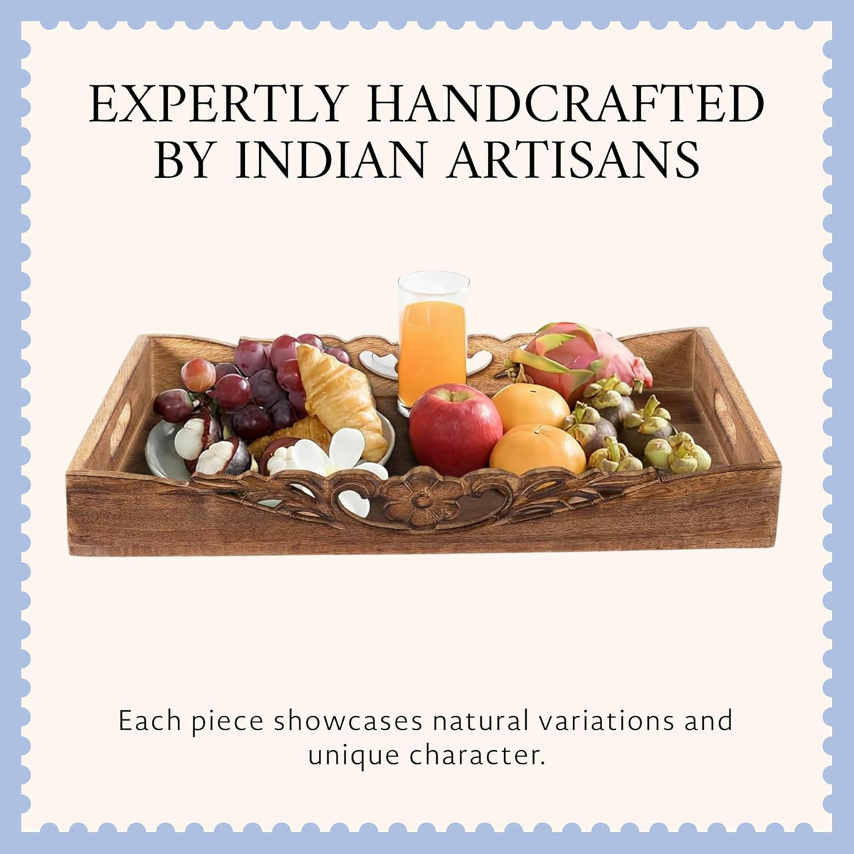 Mela Artisans Orchid Mango Wood Serving Tray - Medium Burnt, 16x12 in | Handcrafted serving tray board with handles for breakfast, coffee and home décor, utilizing built-in base felt pads.