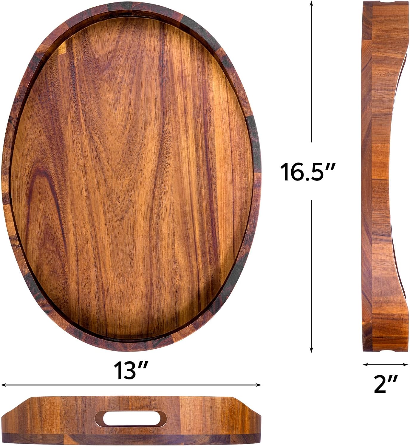 HouseJoy Wood Serving Tray with Handle: Decorative Ottoman Tray w/High Edge | 16.5x13in size-Acacia Wood-12mm Thick-Easy to Grip-Waterproof-Tray for Food in Bed/Coffee Table/Bathroom-Dessert Display