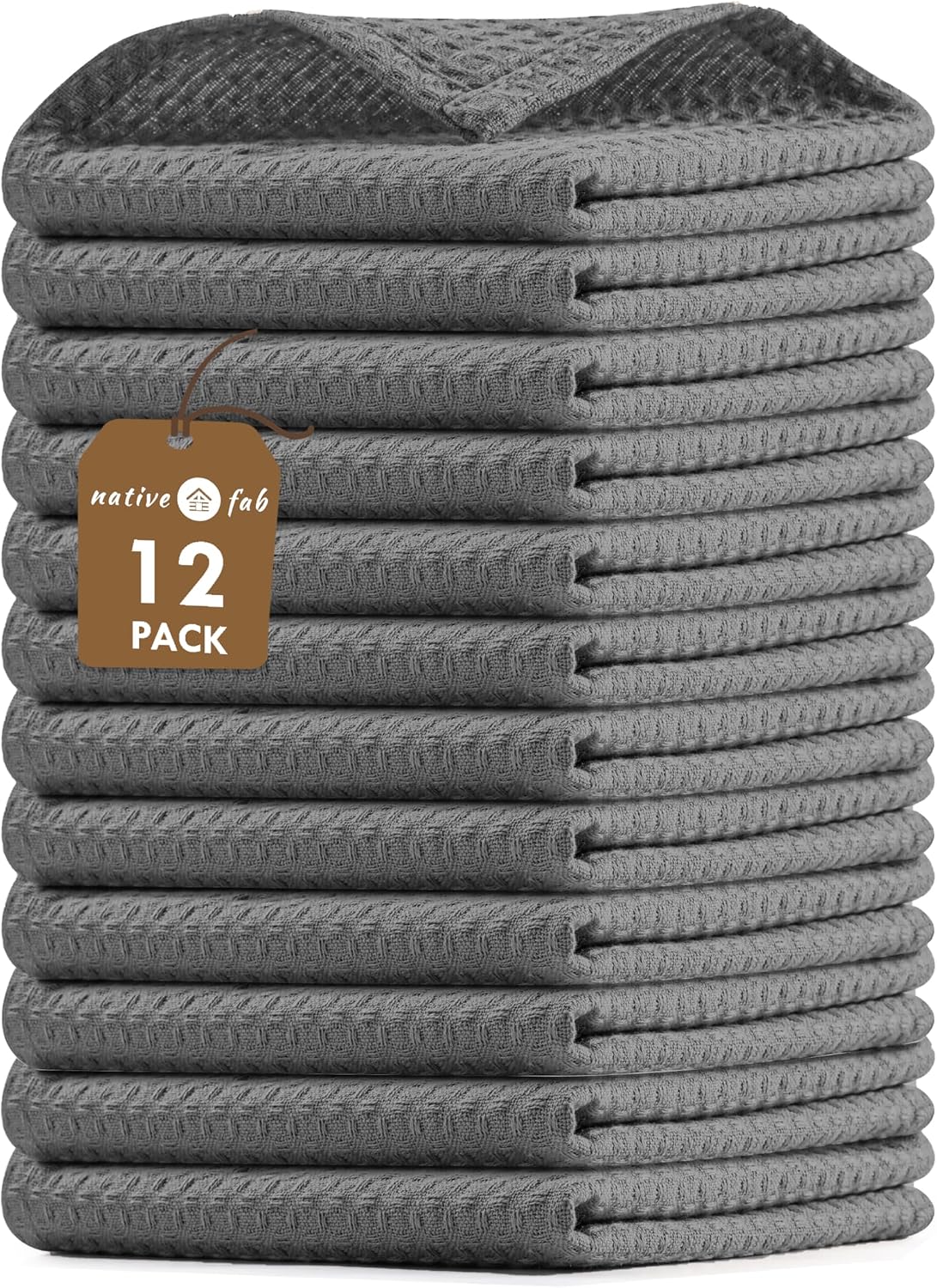 Native Fab 12 Pack Dish Cloths - 100% Cotton, Absorbent, Quick Drying, Reusable &amp; Washable Towels for Cleaning, Cooking &amp; Baking - Ideal for Home, Restaurants, Hotels, Cafes - 12 x 12 inches - Grey