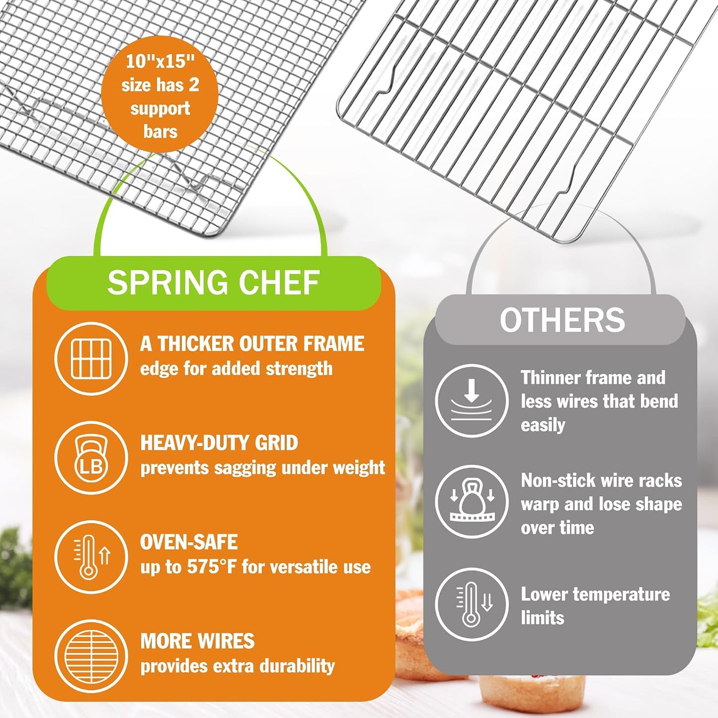 Spring Chef 10" x 15" Stainless Steel Cooling Rack for Cooking &amp; Baking | Heavy Duty Cookie Cooling Rack for Kitchen, Oven Safe Wire Rack for Baking, Fits Jelly Roll Pan, Dishwasher Safe