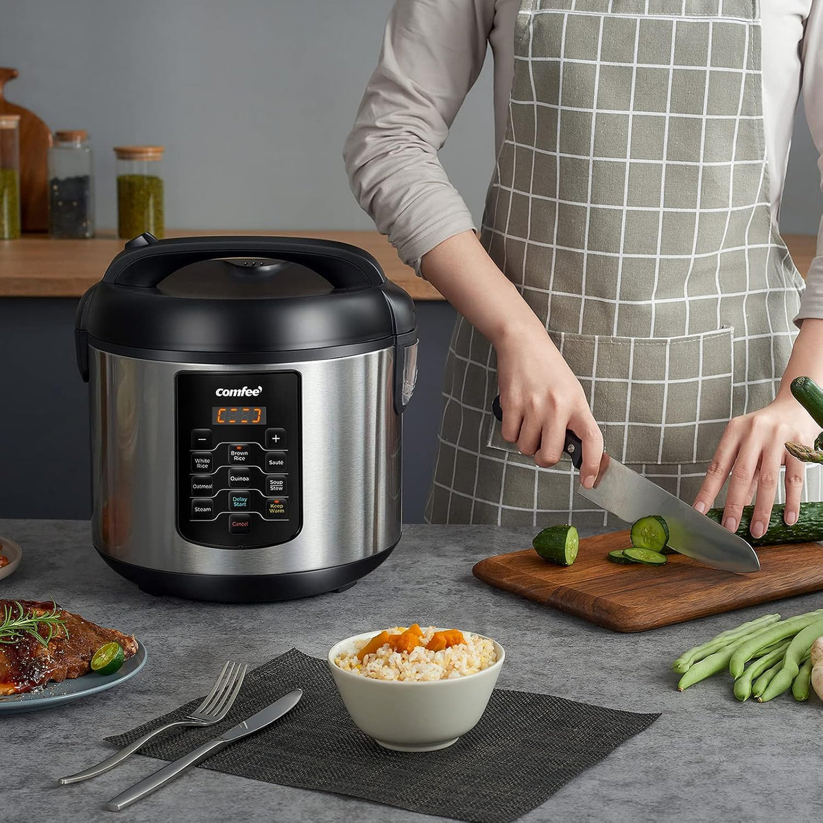 COMFEE' Rice Cooker 10 cup Uncooked/20 cup Cooked , Rice Maker, Steamer, Saute, Steamer and Warmer, 5.2 QT Large Capacity, Brown Rice, Quinoa and Oatmeal, 8 One-Touch Programs