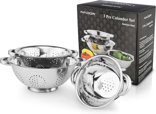 Avador Set of 3 Stainless Steel Colanders, Comes in 1.5 Quart 3qt Quart and 5 Quart for all your Cooking | Baking | Prepping