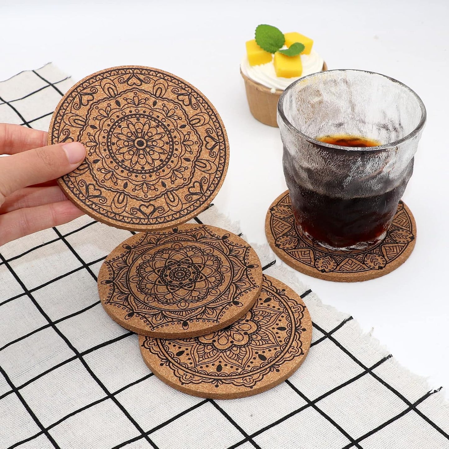 Cork Coasters for Drinks Absorbent Non Slip 12pcs 4 Inch India | Coaster for Coffee Table Housewarming Gifts for New Home Present for Friends, Living Room Decor, Apartment Decor, Elegant