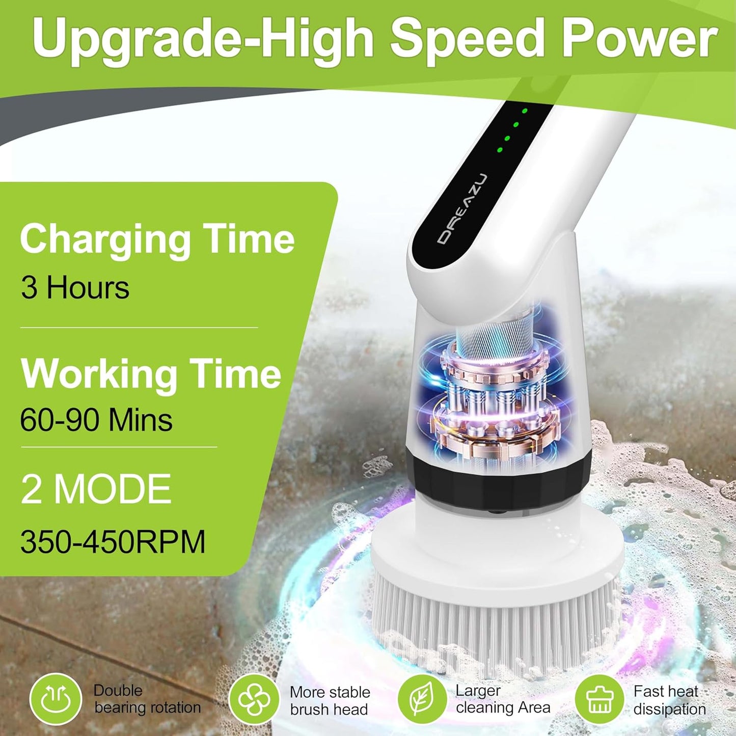 Dreazu Electric Spin Scrubber, 10-in-1 Shower Scrubber &amp; Retractable Long Handle, 44 lbs High-Torque &amp; Variable Speed Shower Cleaning Brush for Bathroom,Toilet, Bathtub, Kitchen, Tile Floors