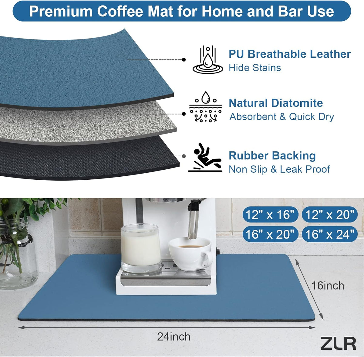 ZLR Coffee Mat - 16" x 24" Extra Large Kitchen Hide Stain Absorbent Dish Drying Mat for Countertop - Easy to Clean Coffee Bar Mat for Espresso Machine and Spill Protection - Navy Blue