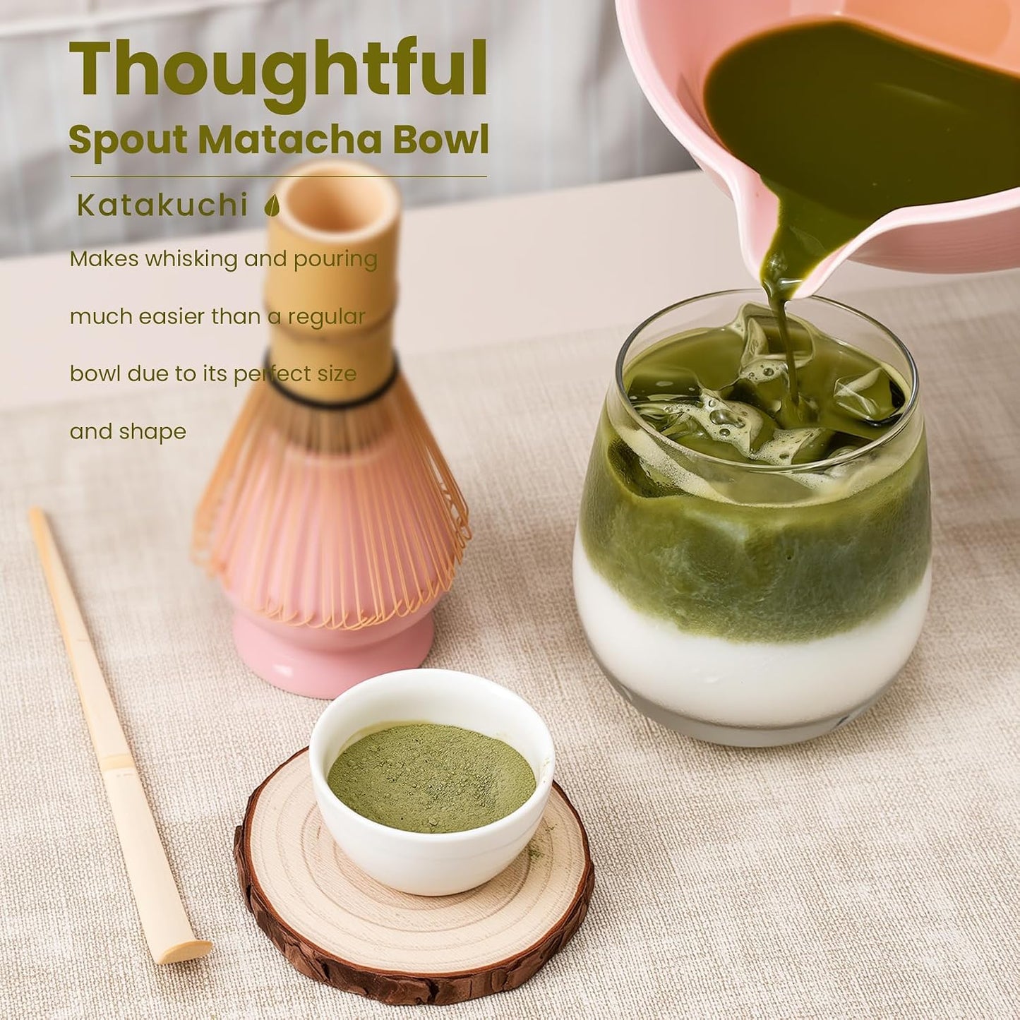 7Pcs Matcha Whisk Set, Matcha Set Whisk and Bowl | Bamboo Scoop, Scoop Rest, Sifter and Tea Towel, Matcha Kit W/Carved Cherry Blossm Pattern for Matcha Lovers (Pink)