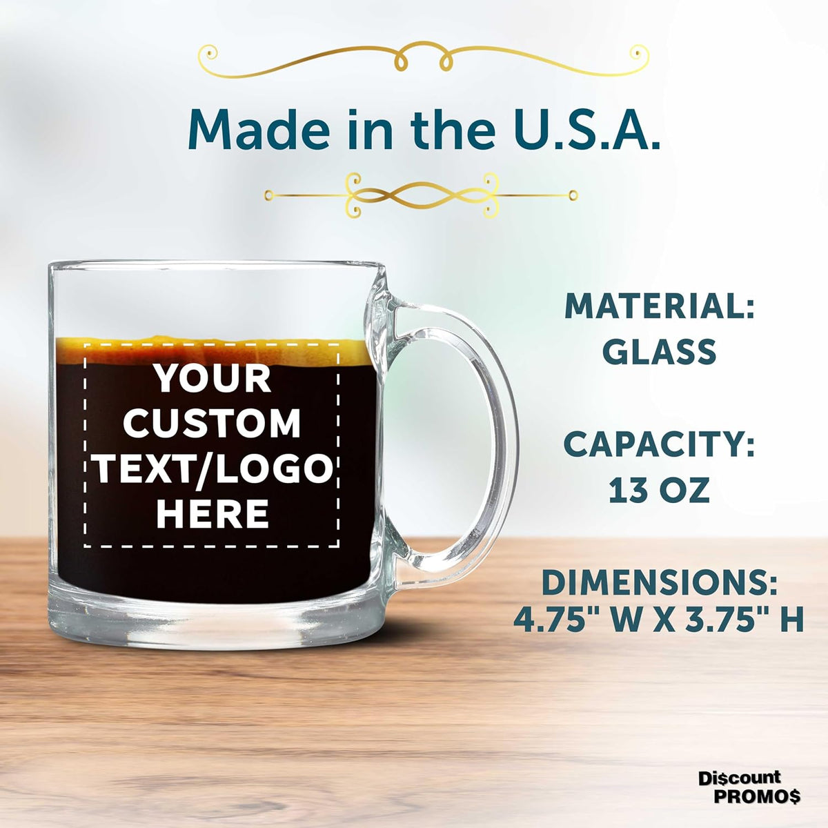 DISCOUNT PROMOS Custom Clear Glass Coffee Mugs 13 oz. Set of 10/50/100, Personalized Bulk Pack - Perfect for Coffee, Tea, Espresso, Hot Cocoa, Other Beverages - Clear Bottom