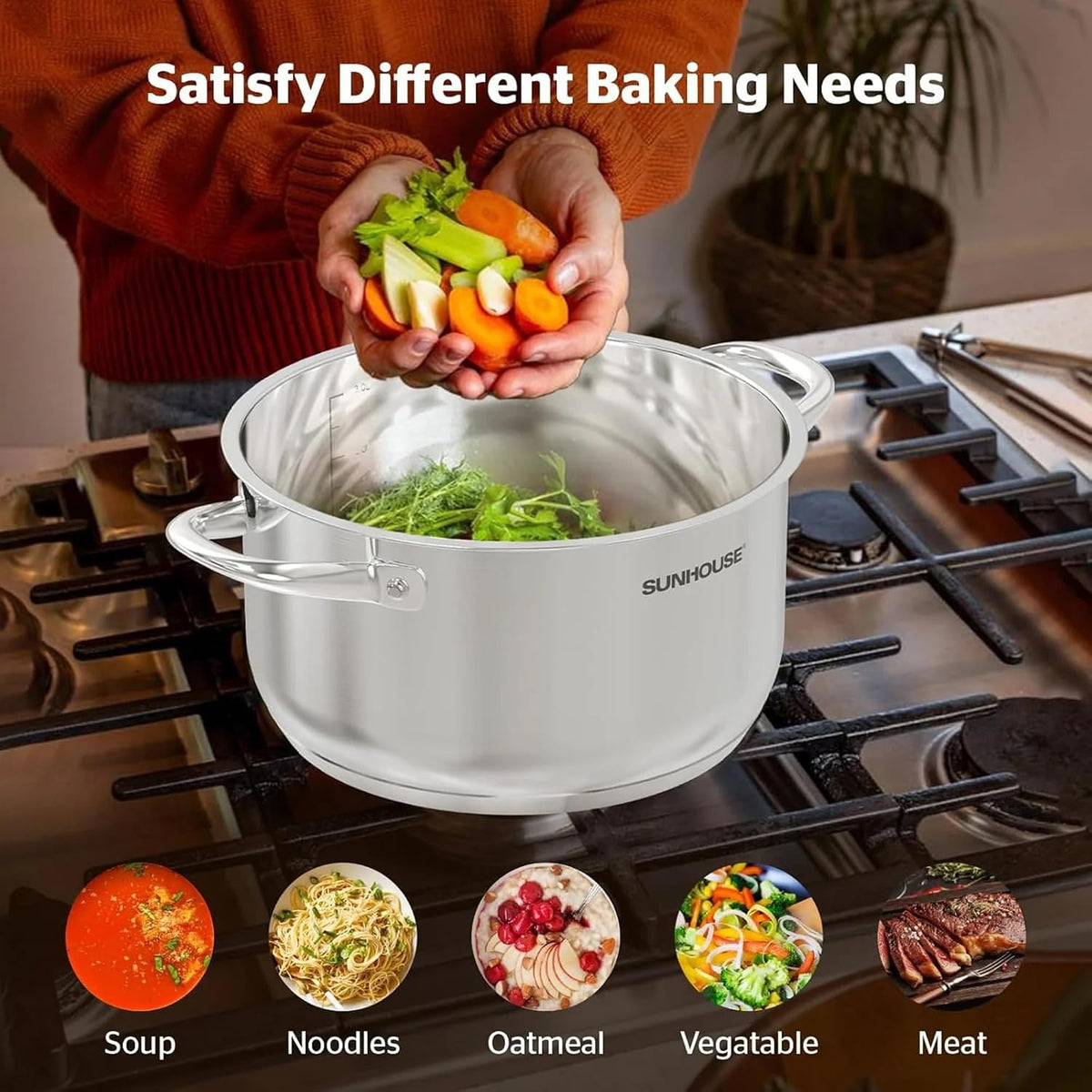 SUNHOUSE 15.5 Quart Stainless Steel Stockpot – Heavy-Duty Induction Pot with Lid and Riveted Handles – Ideal for Soup, Seafood, Stock, Canning, and Catering for Large Groups and Events