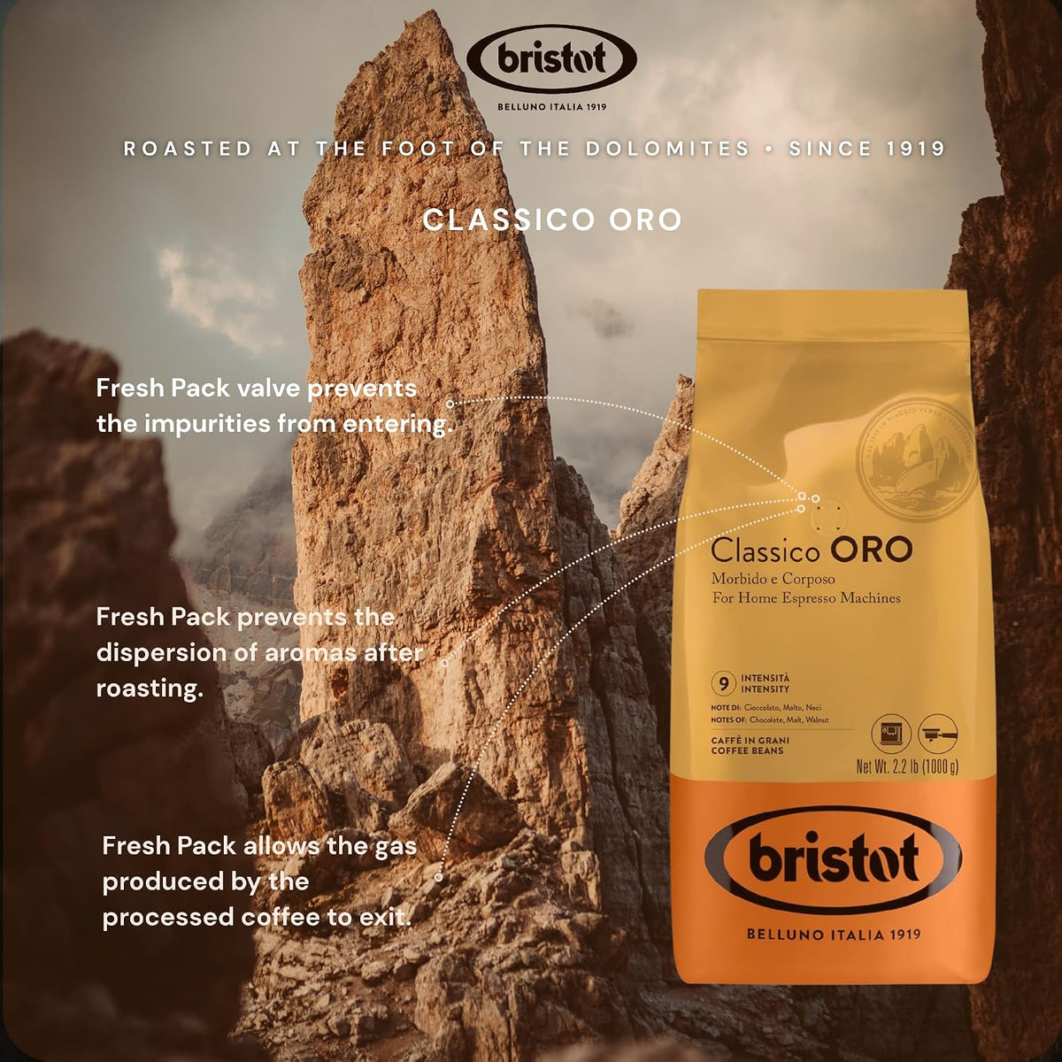 Bristot Classico Oro Italian Espresso Beans – Imported Italian Whole Coffee Beans – Medium Roast – Low Acid – Notes of Chocolate, Malt &amp; Walnut – 2.2 lb – 1 kg