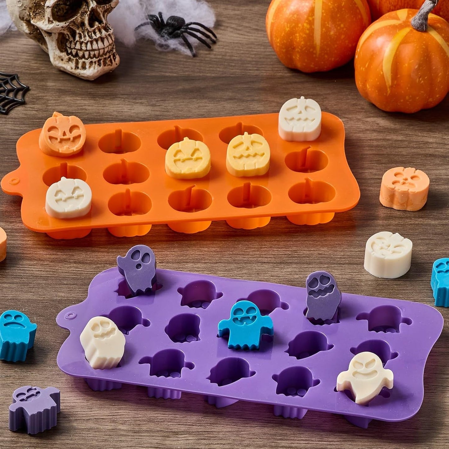 Joersh Halloween Chocolate Silicone Molds, 4PCS Pumpkin Ghost Shaped Candy Mold Non Stick Baking Pan for DIY Chocolate, Fondant, Jello, Gummy, Candy