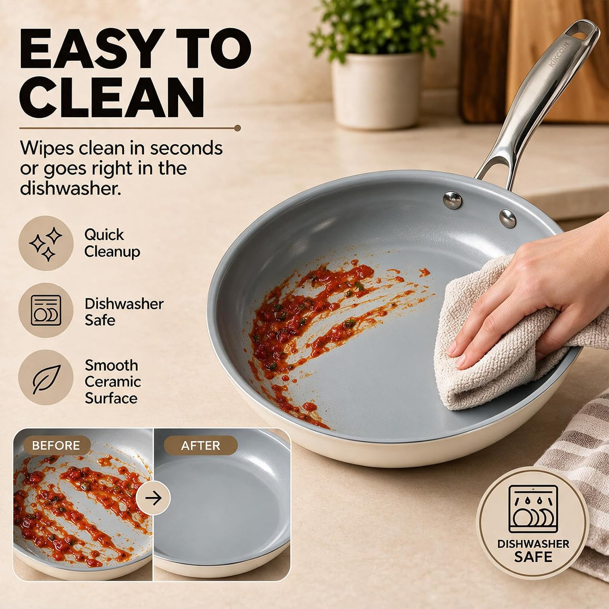 Kikcoin Ceramic Nonstick Frying Pan Skillets - 3 Sizes Omelette Pans for Healthly Cooking, 8+9.5+11 Inch Egg Pan with Stay Cool Handle, Free of PFAS PFOA PTEE, Oven/Dishwasher Safe for Busy Kitchen