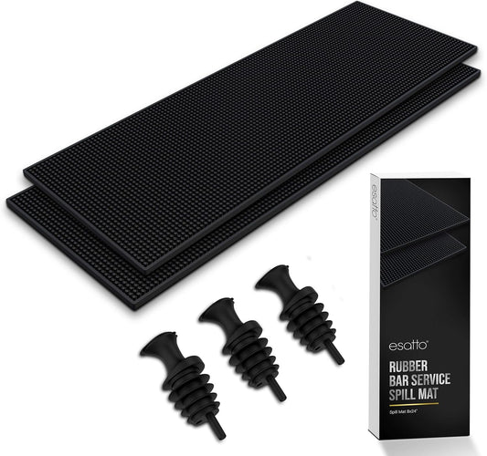 Esatto 23.375” x 7.75” Double Width Professional Spill Bar Supply Mat Bartender Non-Slip Black Bar Mat Coffee Drinks Mixing