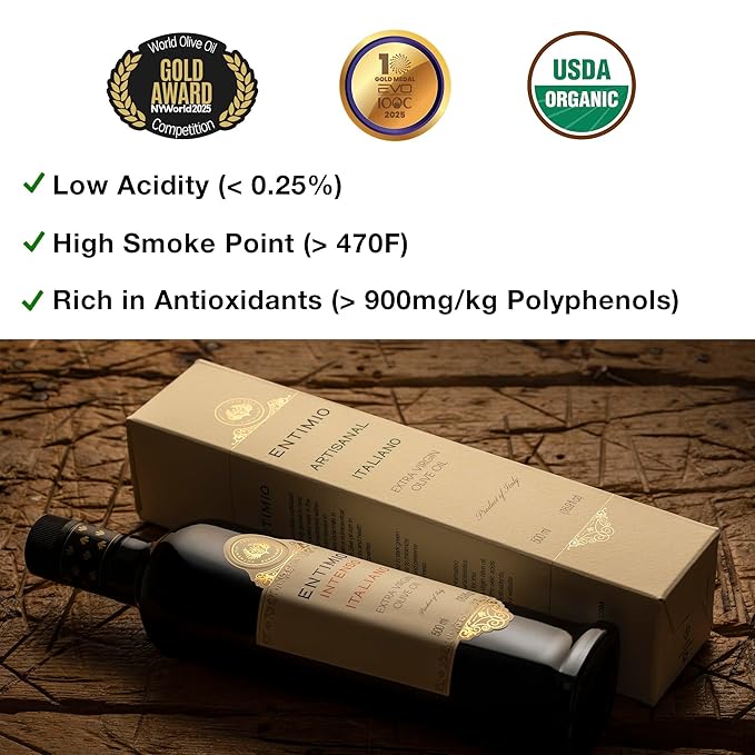 Entimio Intenso Organic Italian Extra Virgin Olive Oil from Italy, 900+ mg/kg High in Polyphenols, 2025 Gold Winner, Puglia Early Harvest evoo, Cold Extracted, Lab Tested - 16.9 fl oz