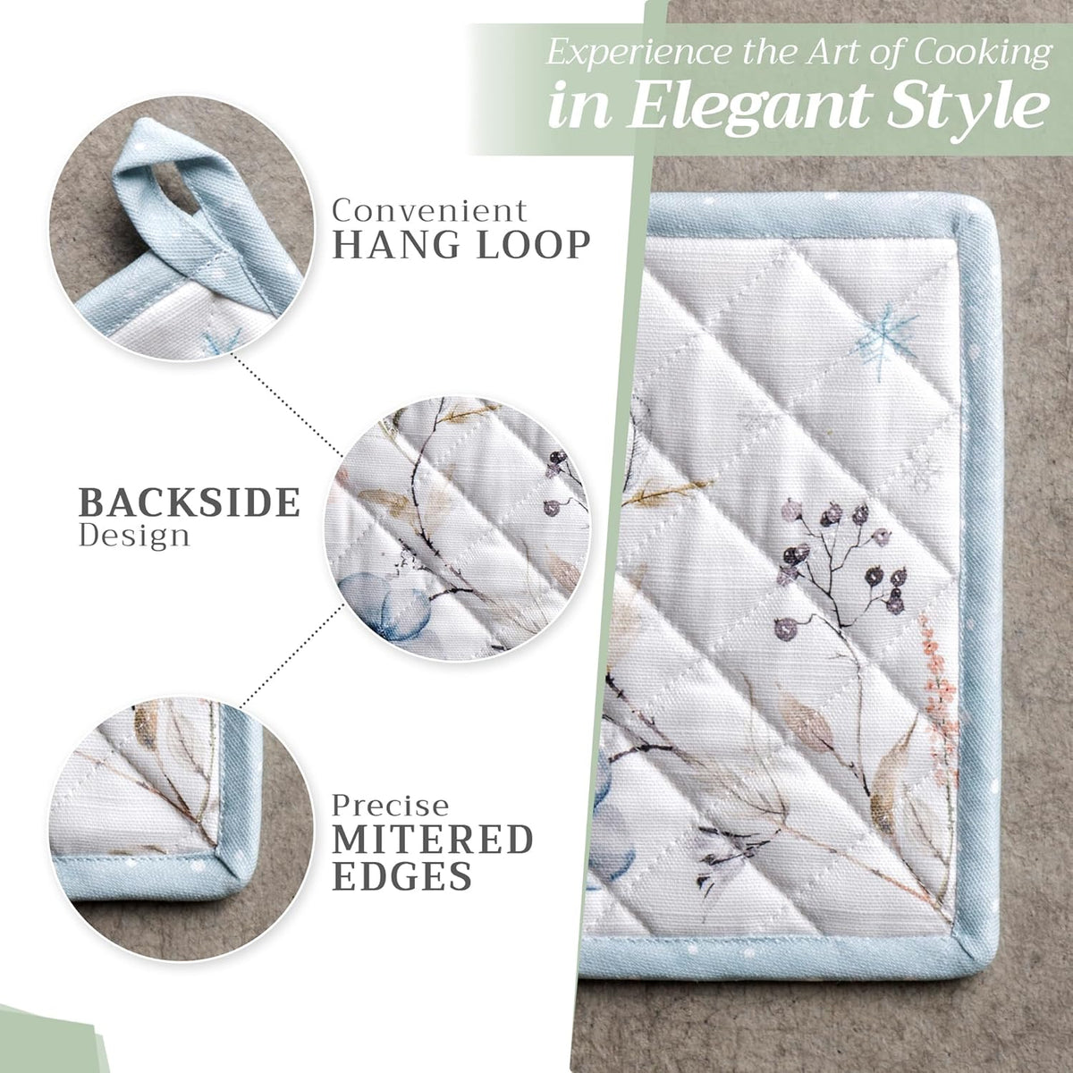 Maison d' Hermine 100% Cotton Oven Mitt & Pot Holder Set (7.5"x13" & 8"x8") Heat Resistant BBQ Cooking Gloves with Loop, Baking, Grilling, Kitchen, Handling Hot Pans (Ice Florals)